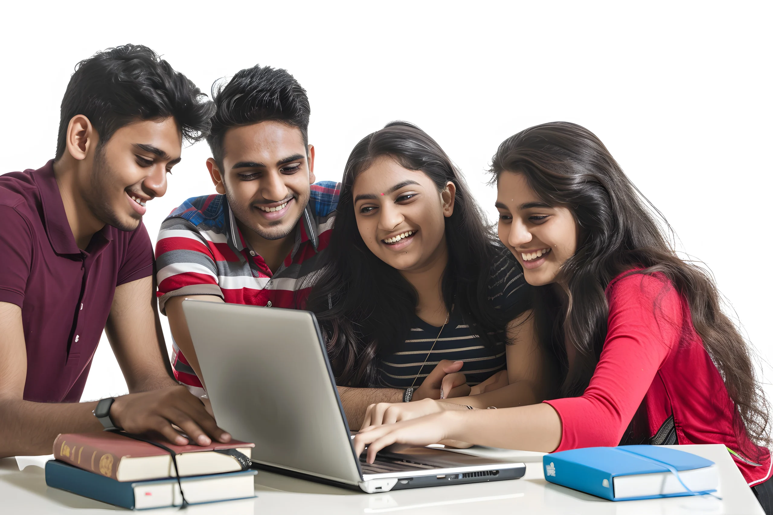 group young indian students using laptop computer smiling camera 2 scaled